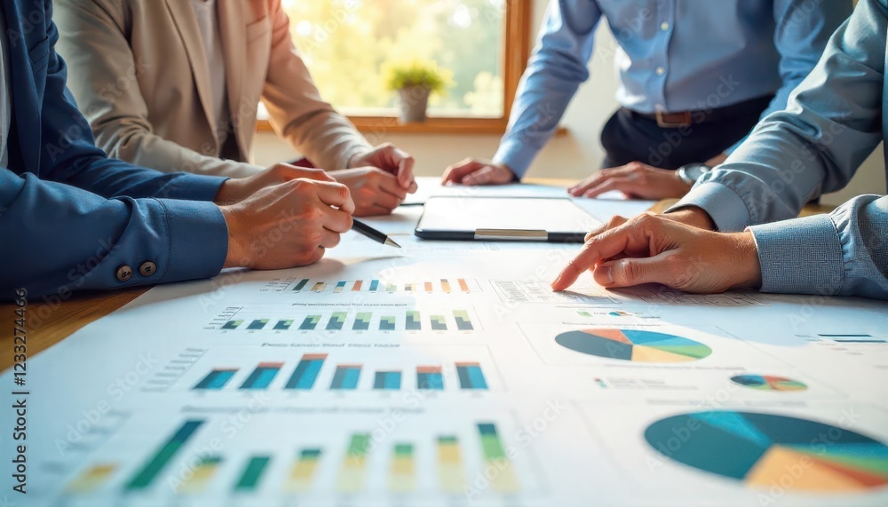 Business meeting analyzing financial reports office environment group discussion collaborative viewpoint Business meeting analyzing financial reports office environment group discussion collaborative viewpoint