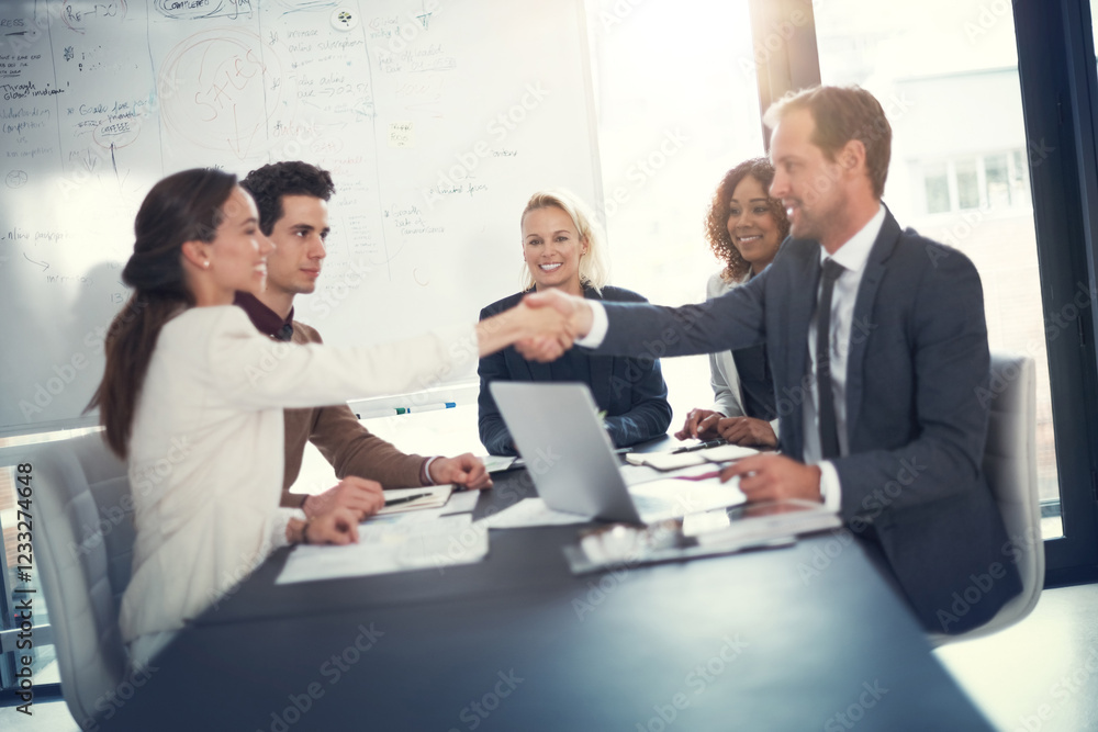 Business people, happy and handshake in office for deal, sales agreement and corporate collaboration. Investors, laptop or shaking hands in agency for new partnership, opportunity and team commitment Business people, happy and handshake in office for deal, sales agreement and corporate collaboration. Investors, laptop or shaking hands in agency for new partnership, opportunity and team commitment