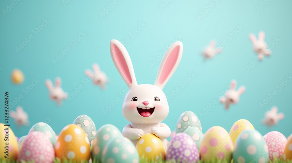 Studio shot of a cute white bunny rabbit holding a solid light easter egg, plain light blue background, minimalist style Studio shot of a cute white bunny rabbit holding a solid light easter egg, plain light blue background, minimalist style
