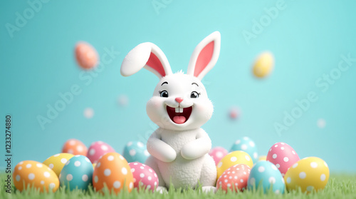 Wallpaper Mural Studio shot of a cute white bunny rabbit holding a solid light easter egg, plain light blue background, minimalist style Torontodigital.ca