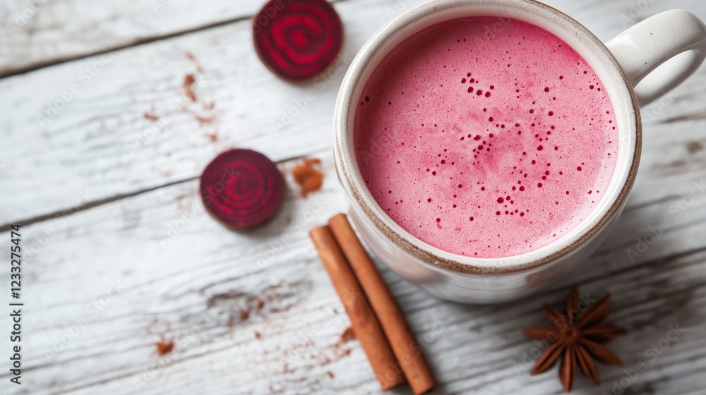 cup of frothy pink beetroot latte in white mug, with a simple cinnamon stick cup of frothy pink beetroot latte in white mug, with a simple cinnamon stick
