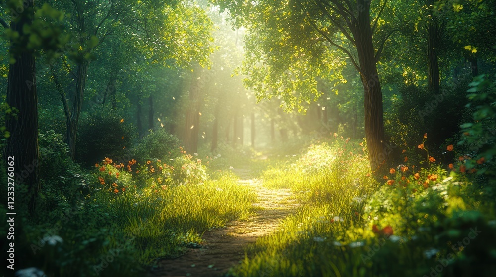 Obraz premium Sunlit Forest Path, Magical Scene, Nature Background