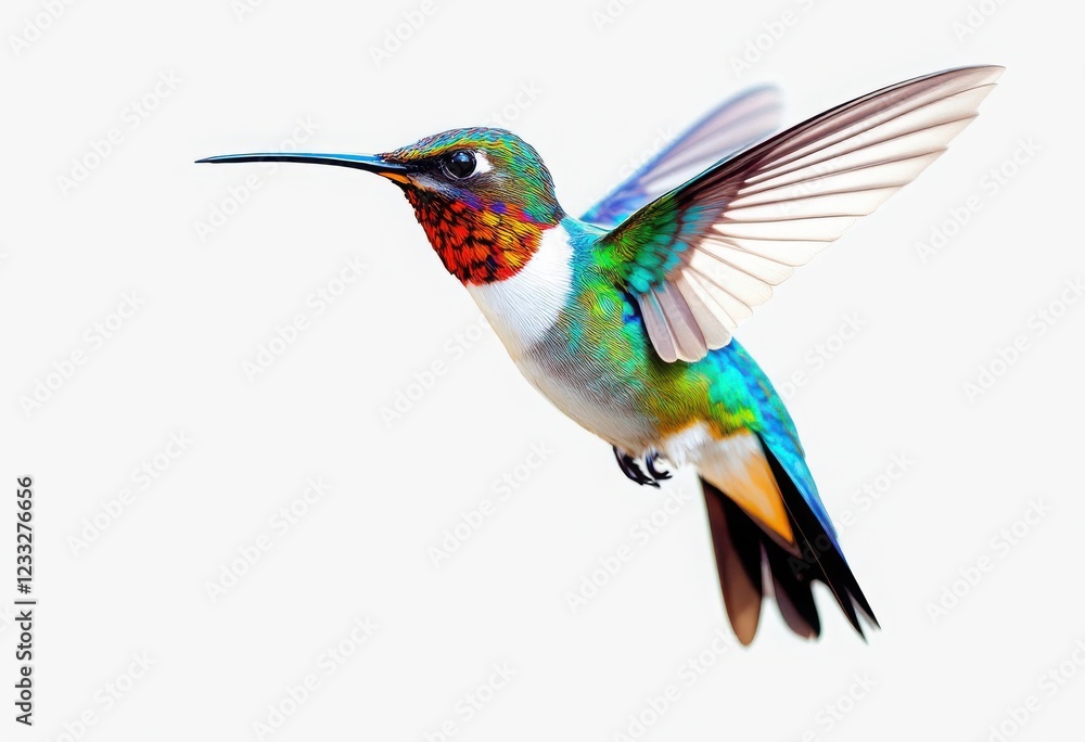 Fototapeta premium A captivating hummingbird displays its vibrant plumage in mid-flight, against a stark white backdrop, Generative AI