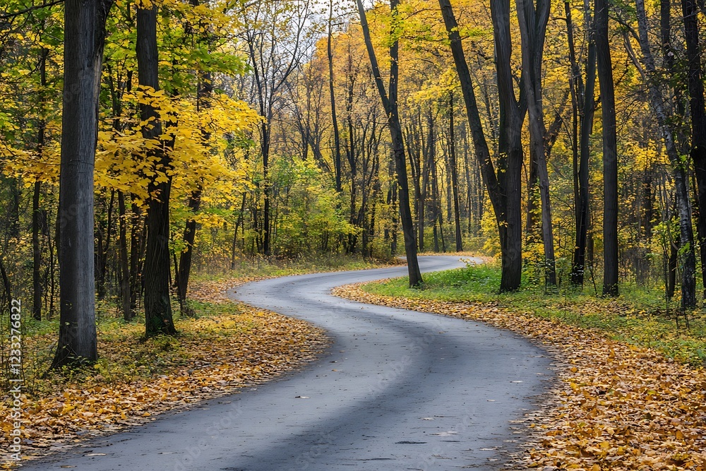Fototapeta premium Autumnal Winding Road Through a Golden Forest