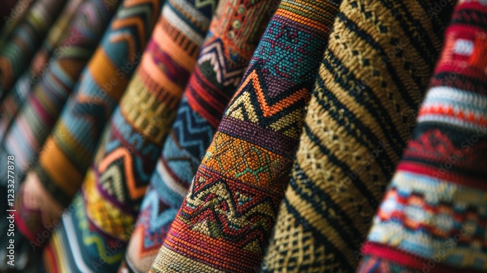 Display of Traditional Ethnic Fabrics with Intricate Designs Display of Traditional Ethnic Fabrics with Intricate Designs