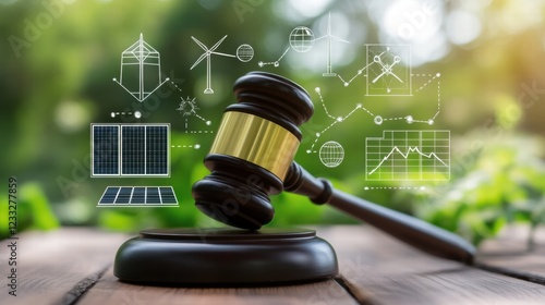 Judge's Gavel with Renewable Energy Icons and Green Background