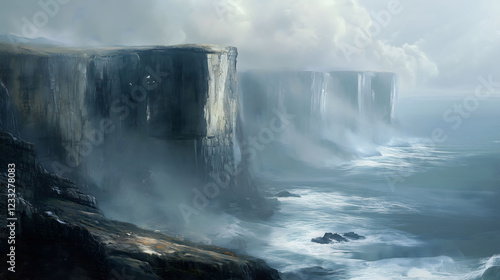 Ethereal Fog Rolls in Over Rugged Cliffs and Crashing Waves at a Coastal Location. Generative AI