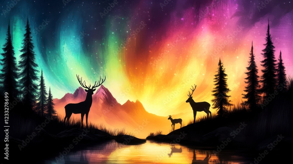 Fototapeta premium Majestic Deer Silhouettes Under Colorful Northern Lights Sky