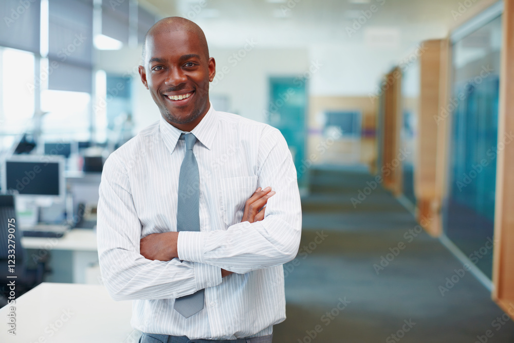 Smile, crossed arms and portrait of black man in office with confidence for career development. Happy, pride and professional African male corporate attorney from Nigeria in law firm for legal job. Smile, crossed arms and portrait of black man in office with confidence for career development. Happy, pride and professional African male corporate attorney from Nigeria in law firm for legal job.
