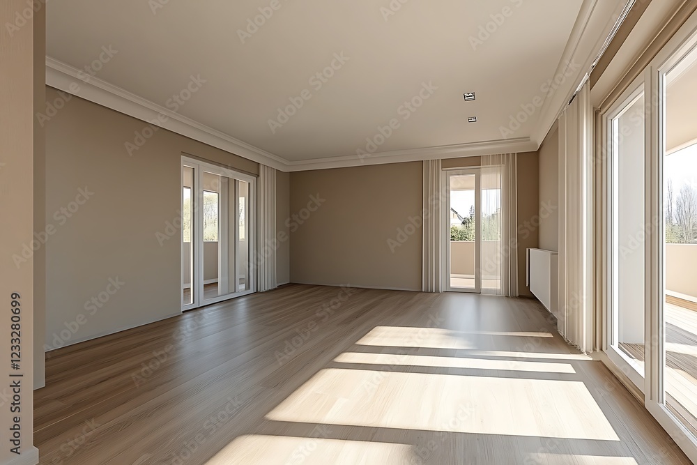 his 3D rendering presents a modern, unoccupied living room with a beige wall in an apartment, showcasing elegant interior design and a roomy arrangement. his 3D rendering presents a modern, unoccupied living room with a beige wall in an apartment, showcasing elegant interior design and a roomy arrangement.