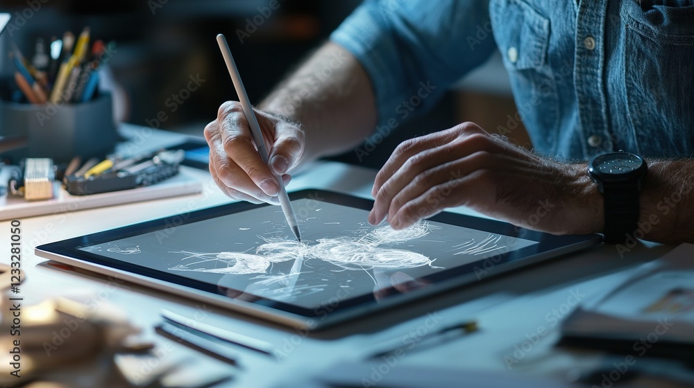 A close-up of a creative professional sketching ideas on a tablet A close-up of a creative professional sketching ideas on a tablet