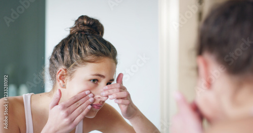 Obraz na plátně Girl, pimple and skincare in mirror, bathroom and check for zit, acne and morning routine at family home