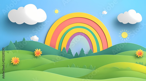 Sun and rainbow and clouds in the blue sky landscape frame, green meadow paper texture, kids fairy tale and nursery rhyme wallpaper. Rainbow Fields. Illustration