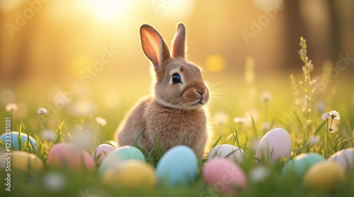 Cute brown bunny rabbit sitting in grass with pastel easter eggs and wildflowers, warm golden hour lighting, blurred background, peaceful easter scene photo