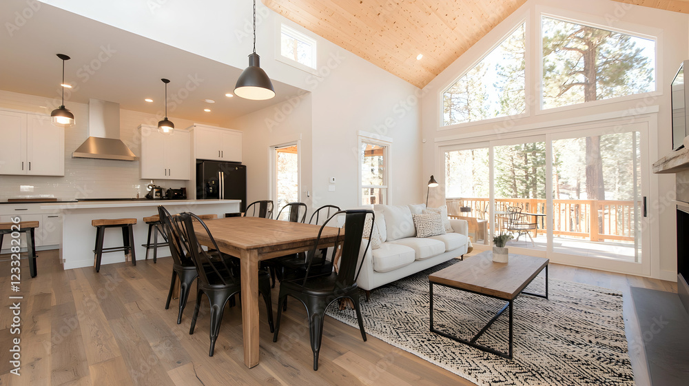 Fototapeta premium Modern mountain home interior, open plan living, dining, kitchen, sunlit