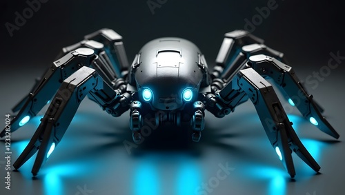 Ominous robotic spider with glowing blue joints and detailed metal surfaces.
 photo