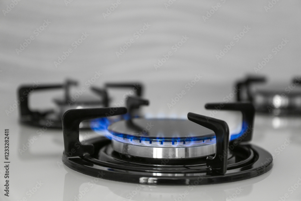 Gas burner of modern stove with burning blue flame, closeup Gas burner of modern stove with burning blue flame, closeup