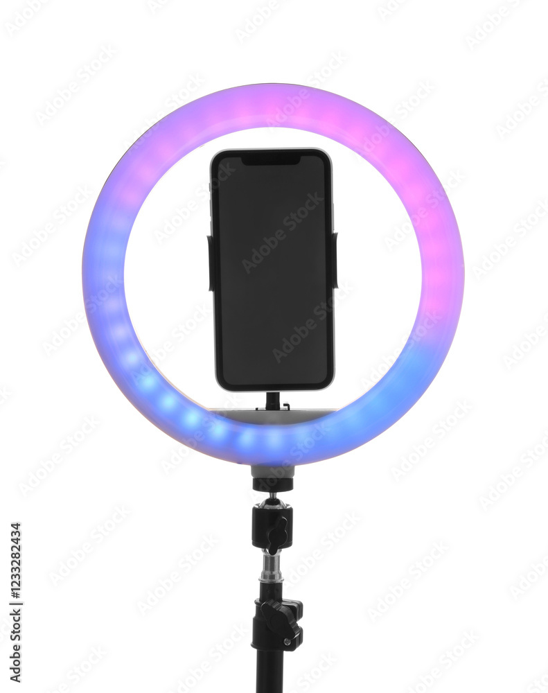 Tripod with ring light and smartphone isolated on white Tripod with ring light and smartphone isolated on white