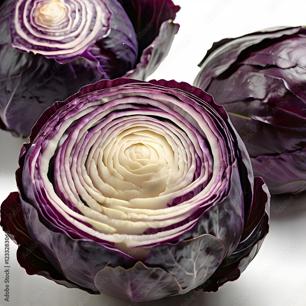 Obraz premium Fresh, raw red cabbage, a healthy and vibrant purple vegetable, sits whole and halved on a white background