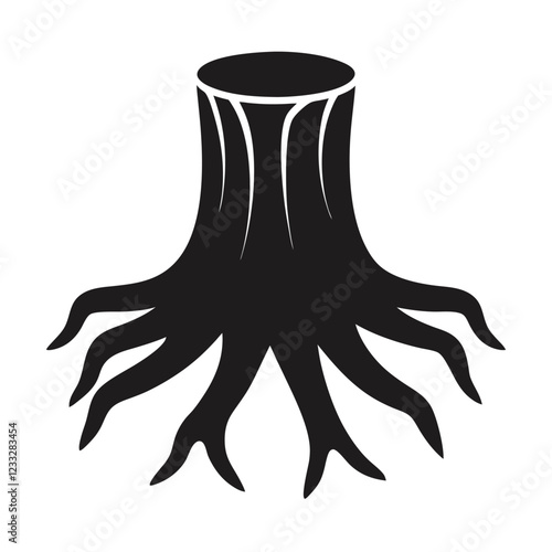 A silhouette of a tree stump with visible roots and a flat top vector illustration
