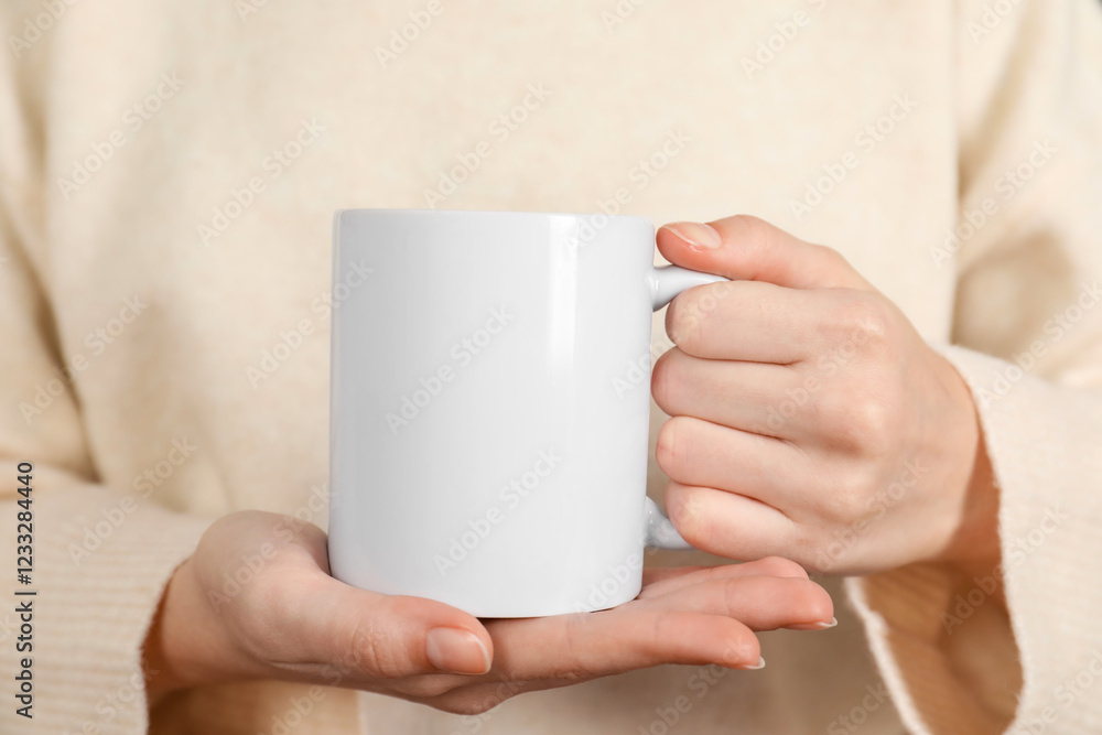 Woman with white ceramic cup, closeup. Mockup for design Woman with white ceramic cup, closeup. Mockup for design