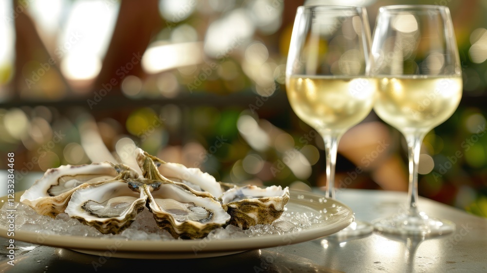 Fresh Oysters on Ice with Glasses of White Wine Fresh Oysters on Ice with Glasses of White Wine