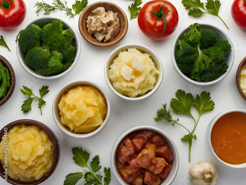 This delicious meal features mashed potatoes and different vegetables in separate white bowls photo