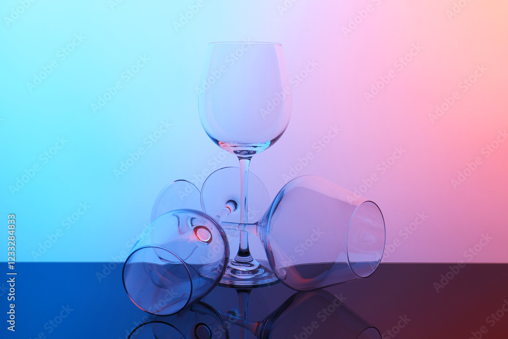 Empty glasses on table against color background Empty glasses on table against color background