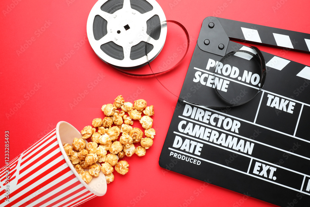 Obraz premium Movie clapper, sweet popcorn and film reel on red background, flat lay