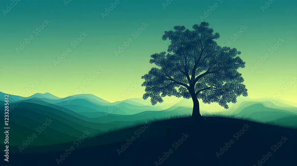 Stylized Tree Against a Backdrop of Green and Blue Shades Stylized Tree Against a Backdrop of Green and Blue Shades