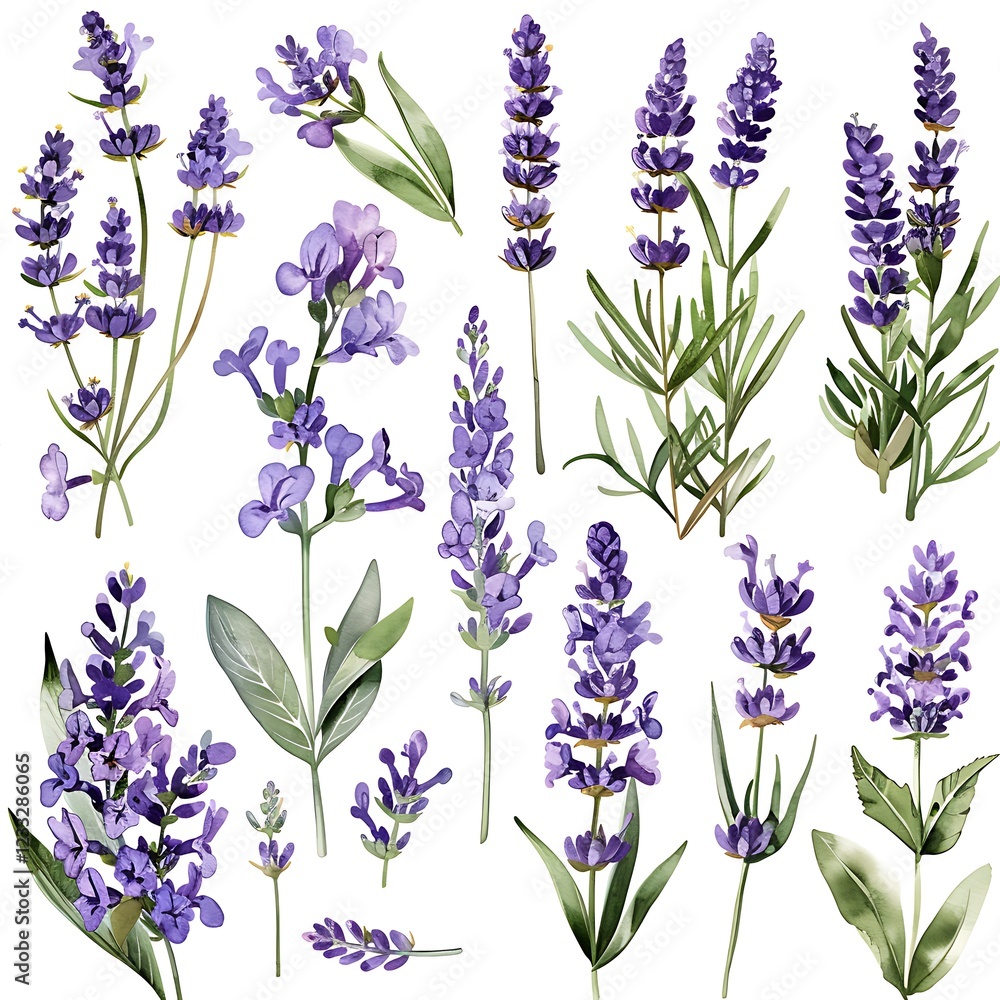 Obraz premium Watercolor Blue Lavender Isolated on White Background. Beautiful Lavender Flower