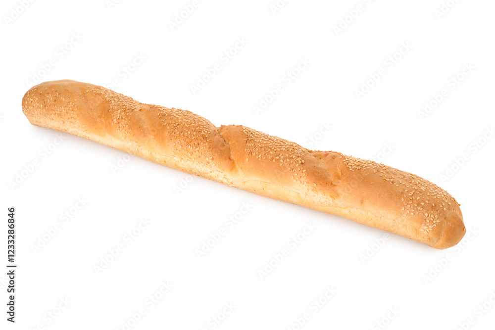 One fresh baguette with sesame isolated on white One fresh baguette with sesame isolated on white