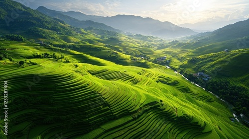 A scenic view of a lush green rice field during sunrise, high clarity