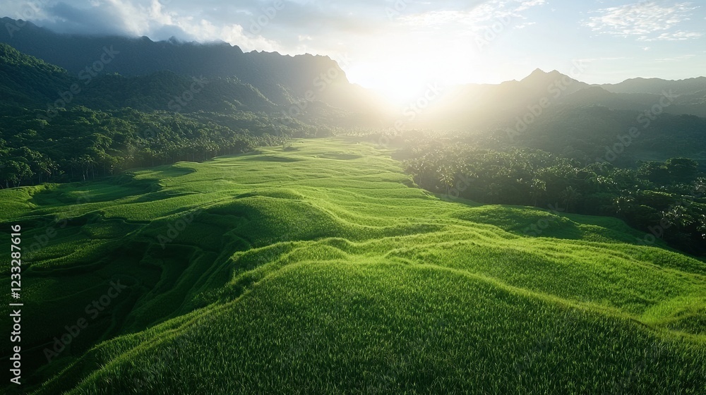 Fototapeta premium A scenic view of a lush green rice field during sunrise, high clarity