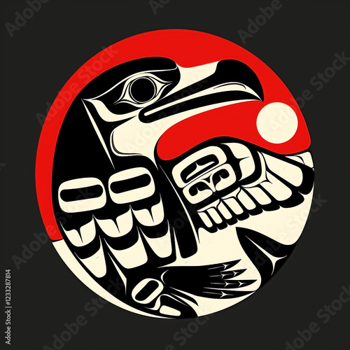 Traditional Inuit Haida folk art of a stylized eagle in textured black, white and red for logo or tattoo. Pacific Northwest Haida art.