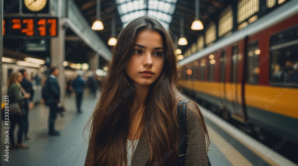 Long-haired woman lost in contemplation at busy train station Long-haired woman lost in contemplation at busy train station