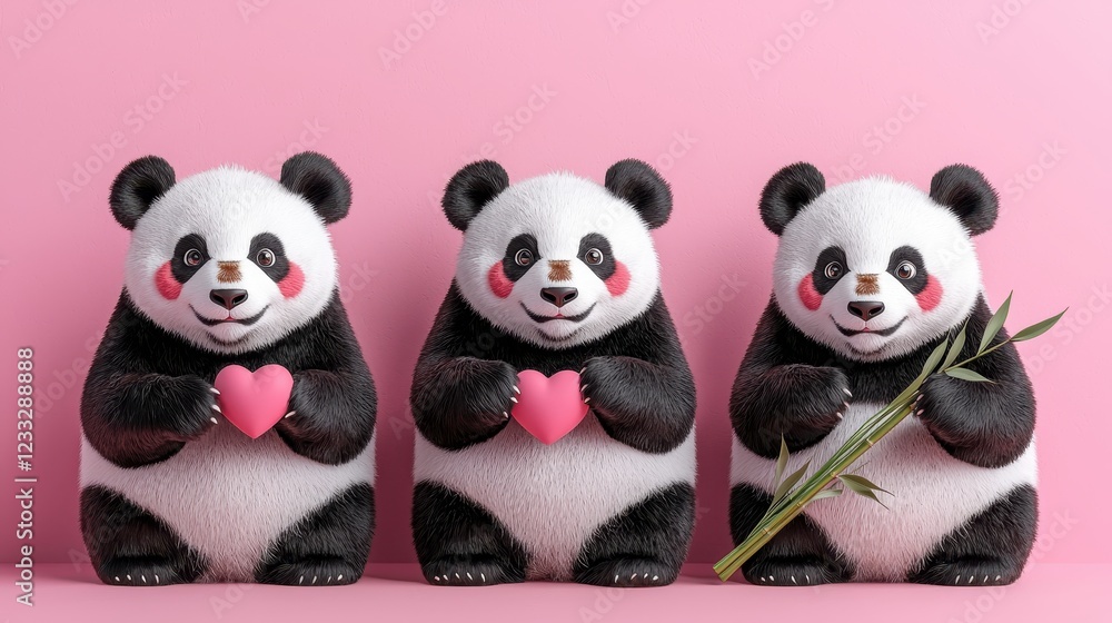 Obraz premium Cute Panda Figurines Holding Hearts and Bamboo on Pink Background