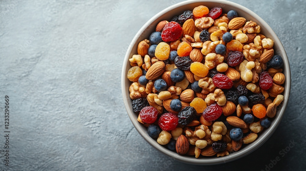 A vibrant bowl of mixed nuts and dried fruits on a textured surface, perfect for snacking A vibrant bowl of mixed nuts and dried fruits on a textured surface, perfect for snacking
