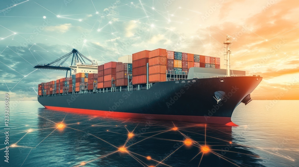 Fototapeta premium Container ship loaded with cargo in a digital network environment.
