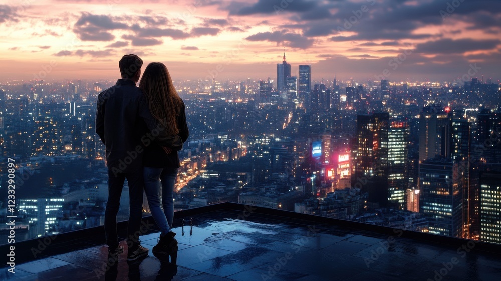 Fototapeta premium A young couple admiring a city skyline from a rooftop at dusk
