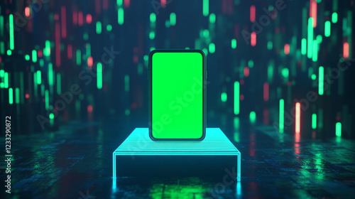 Wallpaper Mural Modern smartphone with a blank green screen displayed on a futuristic pedestal in a vibrant digital environment Torontodigital.ca