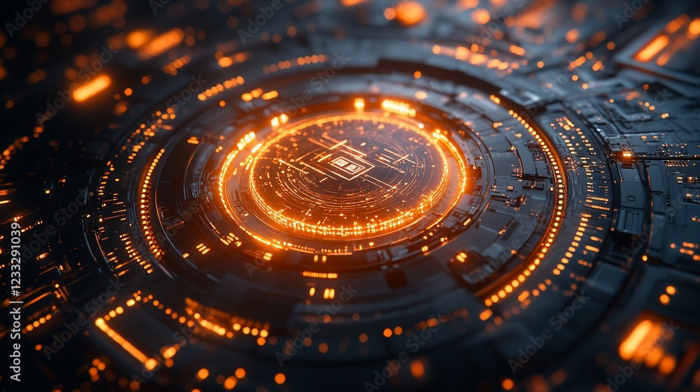 Futuristic digital circuit board glowing with orange lights, showcasing advanced technology Futuristic digital circuit board glowing with orange lights, showcasing advanced technology