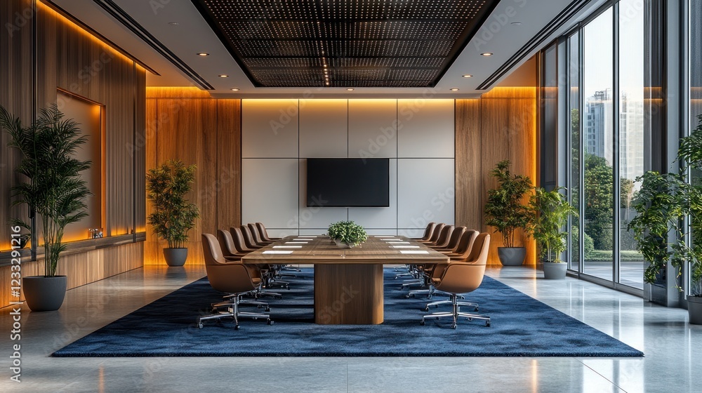 Modern conference room with large wooden table, leather chairs, and city view. Modern conference room with large wooden table, leather chairs, and city view.