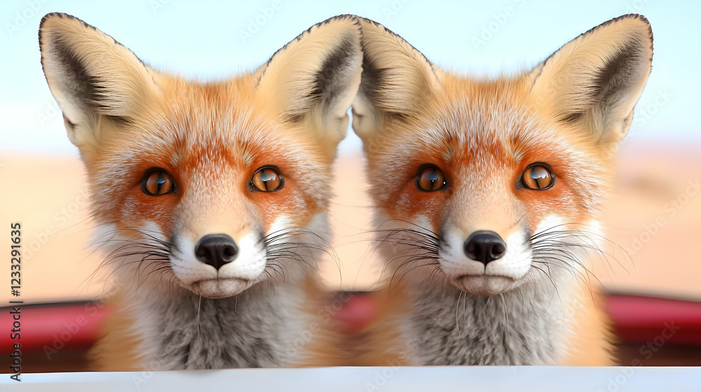 Obraz premium Two foxes in a car, desert background, road trip
