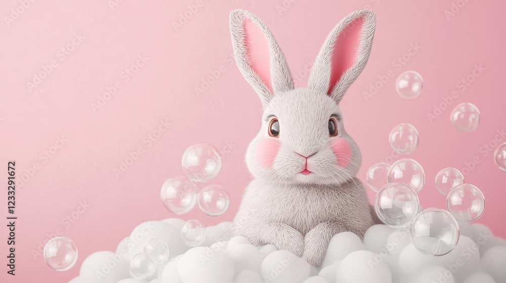 Cute rabbit surrounded by bubbles and fluffy clouds on pink background Cute rabbit surrounded by bubbles and fluffy clouds on pink background