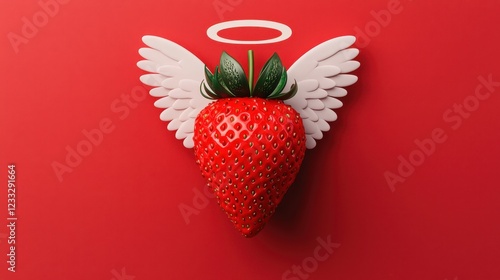 Charming Strawberry with Wings and Halo on a Vibrant Red Background photo