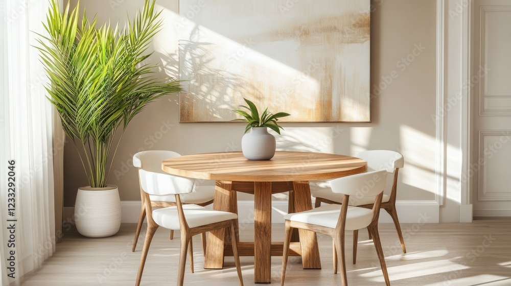 Modern Dining Room with Wooden Table and White Chairs Modern Dining Room with Wooden Table and White Chairs