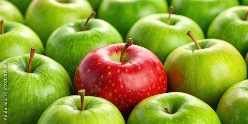 A single bright red apple standing out from a group of green apples, unique, individual, standout, different, contrast, variety A single bright red apple standing out from a group of green apples, unique, individual, standout, different, contrast, variety