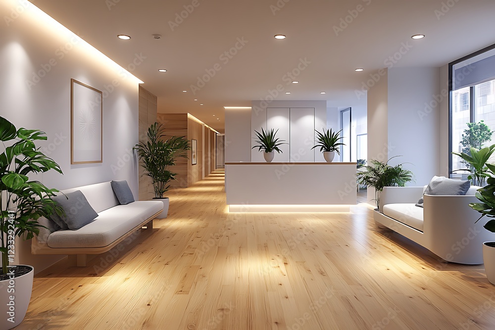 Fototapeta premium White Wall and Wood Floor Define Minimalist Appeal in 3D Rendered Room 
