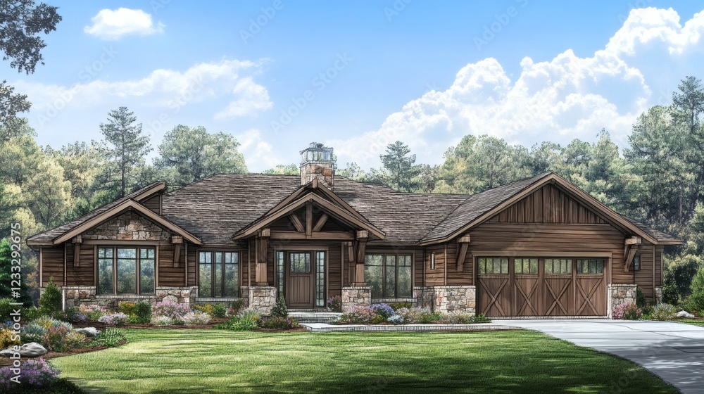 Luxurious Ranch-Style Log Home with Stone Accents and Expansive Lawn Luxurious Ranch-Style Log Home with Stone Accents and Expansive Lawn